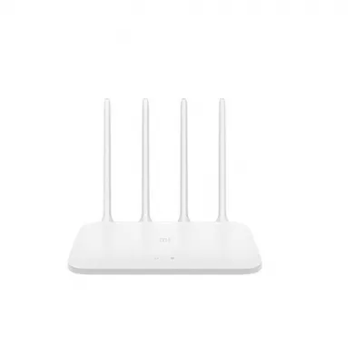A white Xiaomi router with four antennas, shown from the front.
