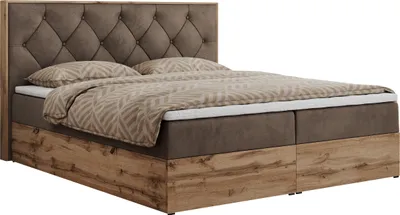 Produktbild von MKS MEBLE Boxspringbett 180x200 mit Bettkasten Eiche, Polsterbett 180x200 mit Matratze H3, Bett 180x200 mit Kopfteil, Bett mit Holzrahmen in Wotan Eiche - Braun Velvet - Veneto