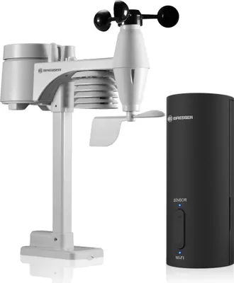 A weather station sensor and gateway are displayed against a white background.