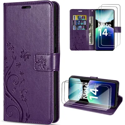 Image de Coque + 2 Verres Trempés pour Xiaomi Redmi Note 14 Pro Plus 5G, Synthécuir Violet Nuit Motif Floral