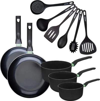 Image de Set de 2 poêles 24 et 28 cm et 3 casseroles 16, 18 et 20 cm céramique et 6 ustensiles Fackelmann Brandao