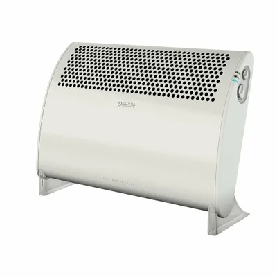A white electric convection heater is shown against a white background.