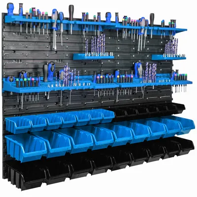 Zdjęcie produktu dla Wiszący panel narzędziowy 115x78cm z 32 szt. Montowane na ścianie niebieskie skrzynki z zestawem plastikowych uchwytów