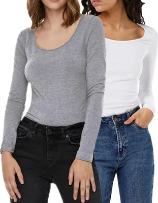 Produktbild von Vero Moda Doppelpack Damen Langarmshirts Basic Slim-Fit Shirt unifarben Rundhals Ausschnitt, VM 908 LS 1xGrau1xWeiss-XL