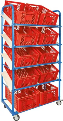 Produktbild von Schrägbodenwagen, 5 Ebenen, 4 Lenkrollen + 10 Eurokisten 600x400x240mm, rot