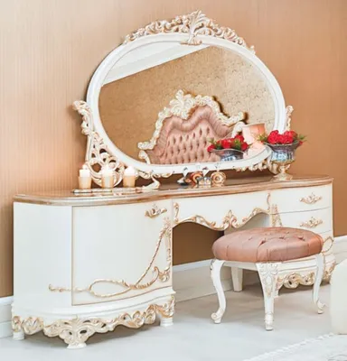 Produktbild von Casa Padrino Luxus Barock Schlafzimmer Set Rosa / Weiß / Creme / Kupferfarben - 1 Schminkkommode & 1 Spiegel & 1 Hocker - Prunkvolle Schlafzimmer Möbel im Barockstil - Luxus Qualität