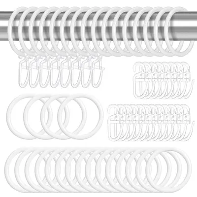 Image de 50 anneaux de rideaux en métal et 50 crochets de rideaux en plastique pour fenêtres, portes et rideaux de douche, diamètre intérieur 30 mm