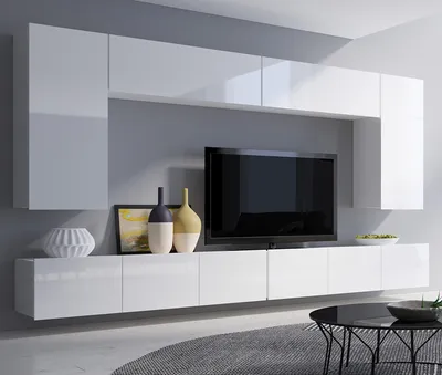 Produktbild von Moderne Wohnwand CALABRINI-13 Wohnzimmer-Set Hängewohnwand Schrankwand Hochglanz TV-Schrank Anbauwand (Weiß)