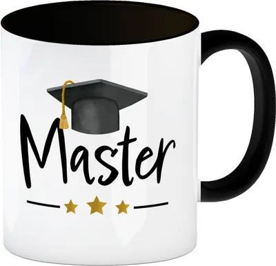 Produktbild von Master bestanden Kaffeebecher in schwarz mit Masterhut