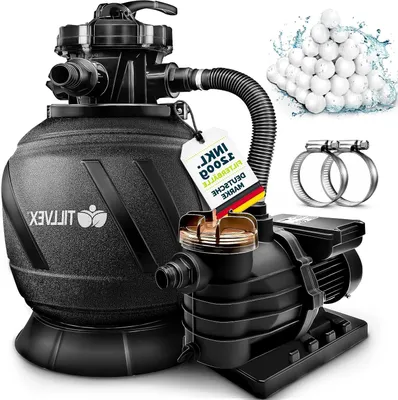 Image de Système de filtration pour piscine - Installation de filtre et de pompe - Purification de l'eau - Vanne à 7 voies - Débit de 13 200 litres/heure - Noir