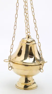Produktbild von Weihrauchfass mit Kette zum Hängen aus Messing Gold poliert Höhe 17 cm mit Innenschale aus Stahl für die Räucherkohle