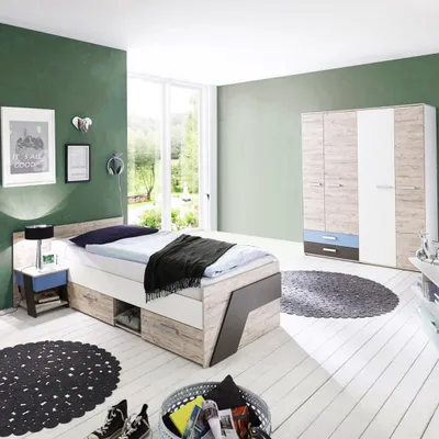 Produktbild von Kinderzimmer Set Komplett Sandeiche Nb. mit weiß, Lava 3-teilig LEEDS-10 und Denim Blau