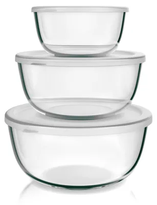 Produktbild von Arendo - Salatschüssel aus Glas mit Deckel - Glasschüssel 3er Set - 1100ml + 2700ml + 4400ml – Rührschüsseln klein bis groß – Borosilikatglas - Glasschale Salatglasschale – A: 3er Set