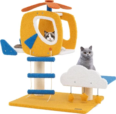 Produktbild von COSTWAY Kratzbaum 76cm, Katzenbaum Hubschrauber-Thema, Katzenmöbel Kletterbaum mit Wolken-Plattform, Spielzeug, Sisal-Kratzsäulen & Leiter Gelb