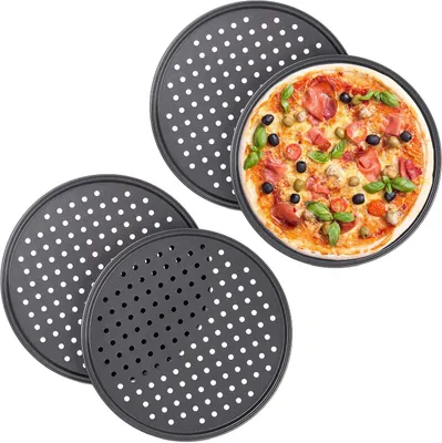 Immagine prodotto di Set di 4 teglie per pizza - Rotonde - Forate - Antiaderenti - In acciaio - Diametro 32 cm - Colore antracite