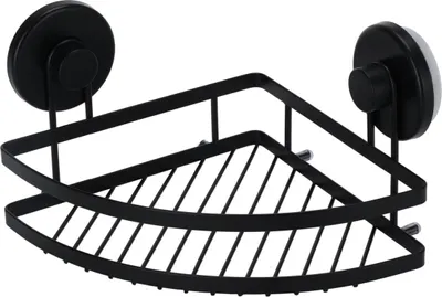 A black metal corner shower shelf with two suction cups for mounting.