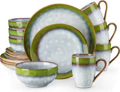 Produktbild von Tafelservice Steingut, vancasso 16-tlg Kombiservice, Vintage Geschirrset, Müslischalen, Becher, Dessertteller und Speiseteller für 4 Personen