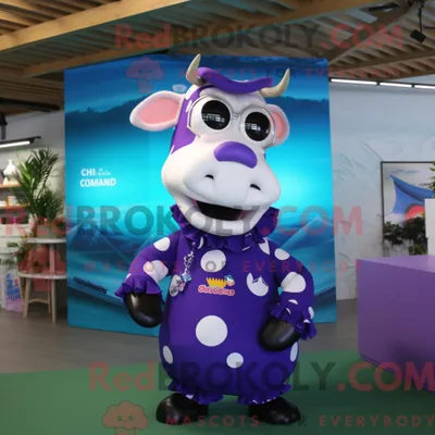 Produktbild von Maskottchen REDBROKOLY einer lila Kuh mit Badebekleidung und Einstecktüchern