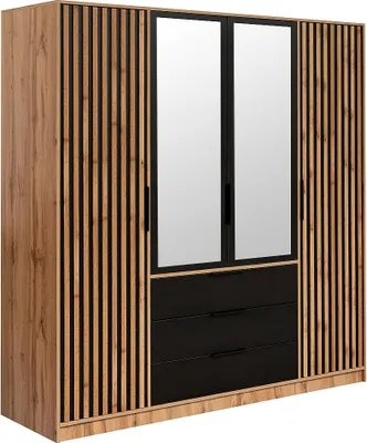 Produktbild von 4-türiger Kleiderschrank mit 3 Schubladen - Mit Spiegel - 196 cm breit - Natur und schwarz - LIRMADA