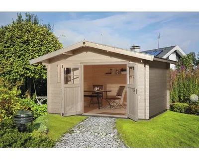 Produktbild von WEKA 111.3838.10.00 Premium Gartenhaus/Blockbohlenhaus Kempten 2 mit Vordach (60 cm)/Doppeltür/Einzelfenster ; Größe: 3 ; Farbgebung: Naturbelassen ; Wandstärke: 28 mm ; Maße (LxBxH): 440 cm x 380 cm x 262 cm ; Seitenwandhöhe: 210 cm