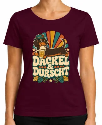 Imagen del producto de Camiseta para mujer, estilo tradicional bávaro (Oktoberfest), con motivos de "Dackel & Durscht", color burdeos, talla 3XL. Incluye pantalones de cuero (Lederhose)