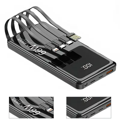 Produktbild von Superschnelle Powerbank 20.000 mAh,Tragbares Ladegerät mit PD 20 W Ein-/Ausgang, 4 Kabel integriert, LED-Notlicht, USB-C, Lightning, Micro