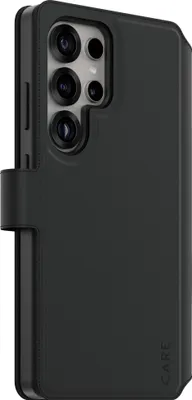 A black phone case with a wallet flap is shown from the side.