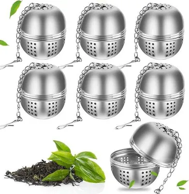 Productafbeelding van Unyqoos® 6-delige set roestvrijstalen theefilters – fijne theefilters met ketting voor kopjes, diameter 4 cm, hoogte 4,5 cm, kettinglengte 8,7 cm