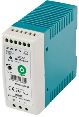 Zdjęcie produktu dla MDIN40W12: DIN Rail PSU Slim 12V/3,33A, obudowa z tworzywa sztucznego