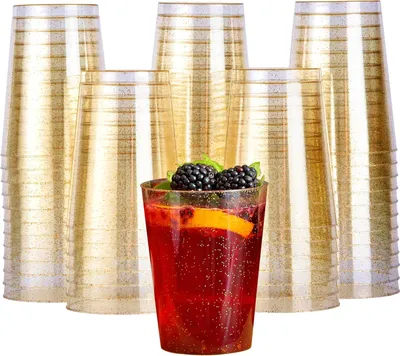 Produktbild von Famanu Wiederverwendbare 285ml Gold Glitter Plastikbecher - Set von 50