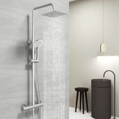 Produktbild von Duschsystem mit Thermostat, Regendusche, Edelstahl, Regenkopf, runde Duschsäule, Duschgarnitur inkl. 3 Strahlarten Handbrause, höhenverstellbar, Chrom
