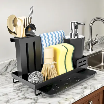 Image de Organisateur d'évier avec égouttoir, boîte de rangement pour le liquide vaisselle et le détergent (noir), porte-éponge, organiseur d'évier, organiseur de vaisselle pour la cuisine