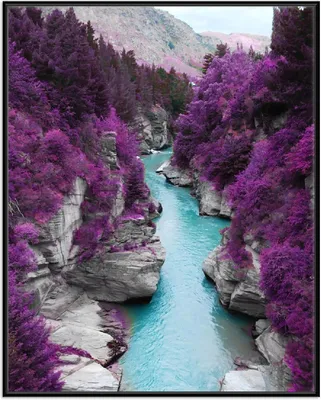 Produktbild von Wallario Wandbild Fluss in lilafarbener Schlucht, Größe: 40,30 x 50,30 cm, Poster mit schwarzem Aluminiumrahmen