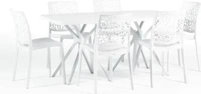 Image de Set de salle à manger d'extérieur avec table rectangulaire 158x84 cm et 6 chaises empilables en résine renforcée de fibres de verre - design moderne et coloré, idéal pour le jardin, la terrasse et la véranda - OLIVER+ANNA - blanc/blanc