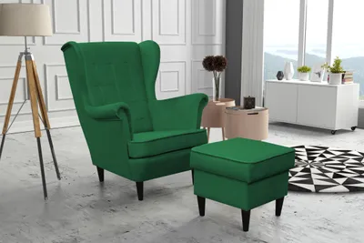 Obrázek produktu pro Kaiser Möbel Elegantní set, dřevěný rám, sada křídlových židlí + podnožka, látka Velutti zelená