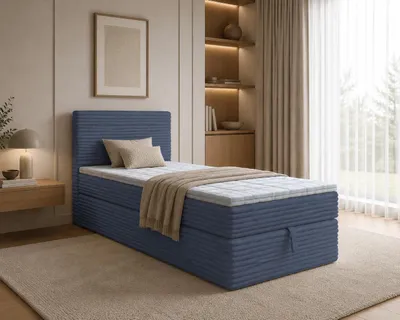 Produktbild von Boxspringbett NESO MINI, Bett mit Cordstoffbezug Einzelbett mit Bonellfederkernmatratze, Bettkasten (80x200, Dunkelblau - Tilia 77, topper T25)