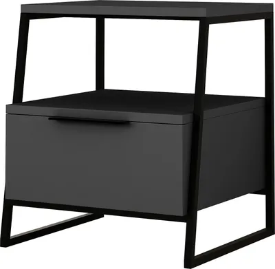 A dark gray nightstand with a single drawer and a black metal frame, shown against a white background.