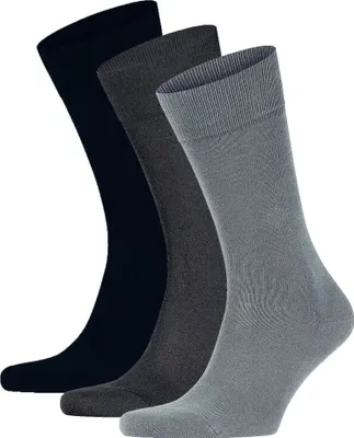 Three pairs of socks are shown standing upright against a white background.