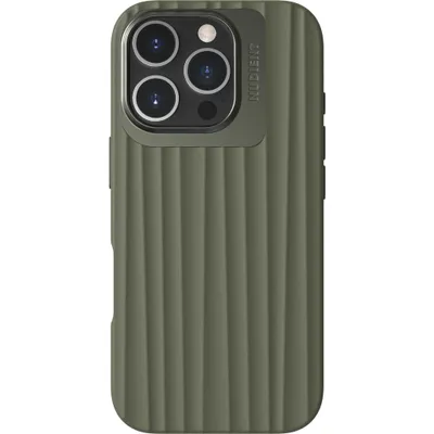 A back view of an olive green iPhone case with a textured ribbed design and a camera cutout.