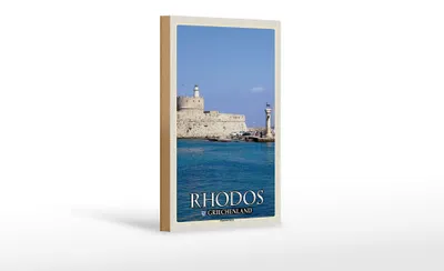 Produktbild von Holzschild Reise 12x18 cm Rhodos Griechenland Mandraki Hafen