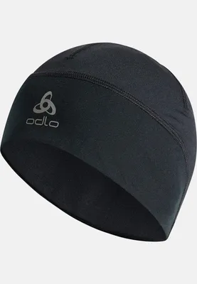 Schwarze Odlo Ceramiwarm Mütze mit reflektierendem Logo und sichtbaren Nähten