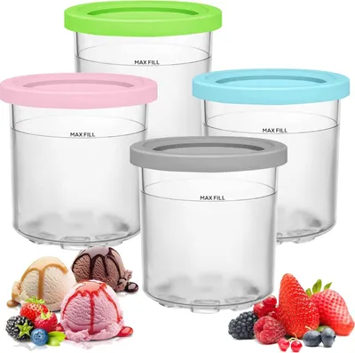 Four clear ice cream containers with colored lids (green, pink, blue, gray) are arranged in a group, with scoops of ice cream and berries in the foreground.