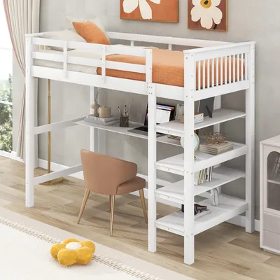Produktbild von Hochbett mit Lattenrost, Leiter, Schreibtisch und Regalen, 90x200 cm, Einzelbett mit Rausfallschutz, Holzbett aus Kiefer, Kinderbett, Jugendbett