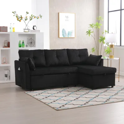 Produktbild von Modulares Schlafsofa mit Ausziehbett, L-förmige Schlafsofas, Chaiselongue-Schlafsofa, 3-Sitzer-Cord-Schlafsofa mit Stauraumsitzen, Schwarz