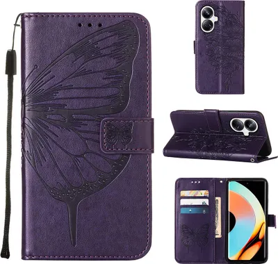 Produktbild von Lederhülle für Realme 10 Pro+ 5G Schmetterling Prägung Flip Ledertasche Kartenfächer Handyhülle mit Ständer Lila