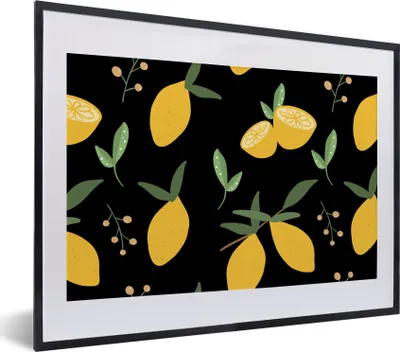 Produktbild von MuchoWow® MuchoWow® Gerahmtes Poster Zitrone - Muster - Abstrakt - Schwarz 40x30 cm - Poster mit zchwarzem Bilderrahmen - Bilderrahmen - Poster im Rahmen