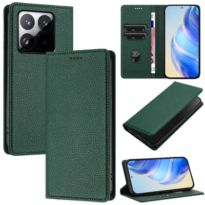 Image de Litchi Housse en cuir pour téléphone portable Xiaomi 15T Wallet Porte-cartes Stand-fonction Housse verte