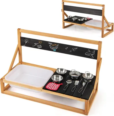 Produktbild von GOPLUS Matschküche Kinder Outdoor, Spielküche klein mit Spülbecken, Kreidetafel, Wischmopp & 7 Küchenzubehör, Küchenwand/Tisch mit Haken, Natur