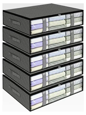 Produktbild von 5 Stück Unterbettkommode, Aufbewahrungsbox mit Deckel, Sichtfenster, Reißverschluss und Griffen, faltbare Aufbewahrungstasche für Kleidung, Bettdecken und Bettwäsche, Grau (60 x 45 x 15 cm)