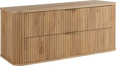 A wooden cabinet with two drawers and gold handles against a white background.